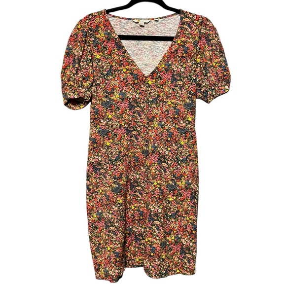 Boden Puff Short Sleeve V-Neckline Floral Lightweight Mini Cotton Dress - Picture 3 of 14